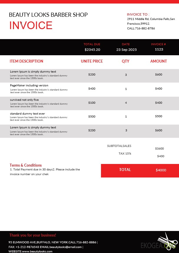 Modèle de facture de salon de coiffure